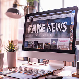 Ein PC, auf dessen Bildschirm "Fake news" zusehen ist