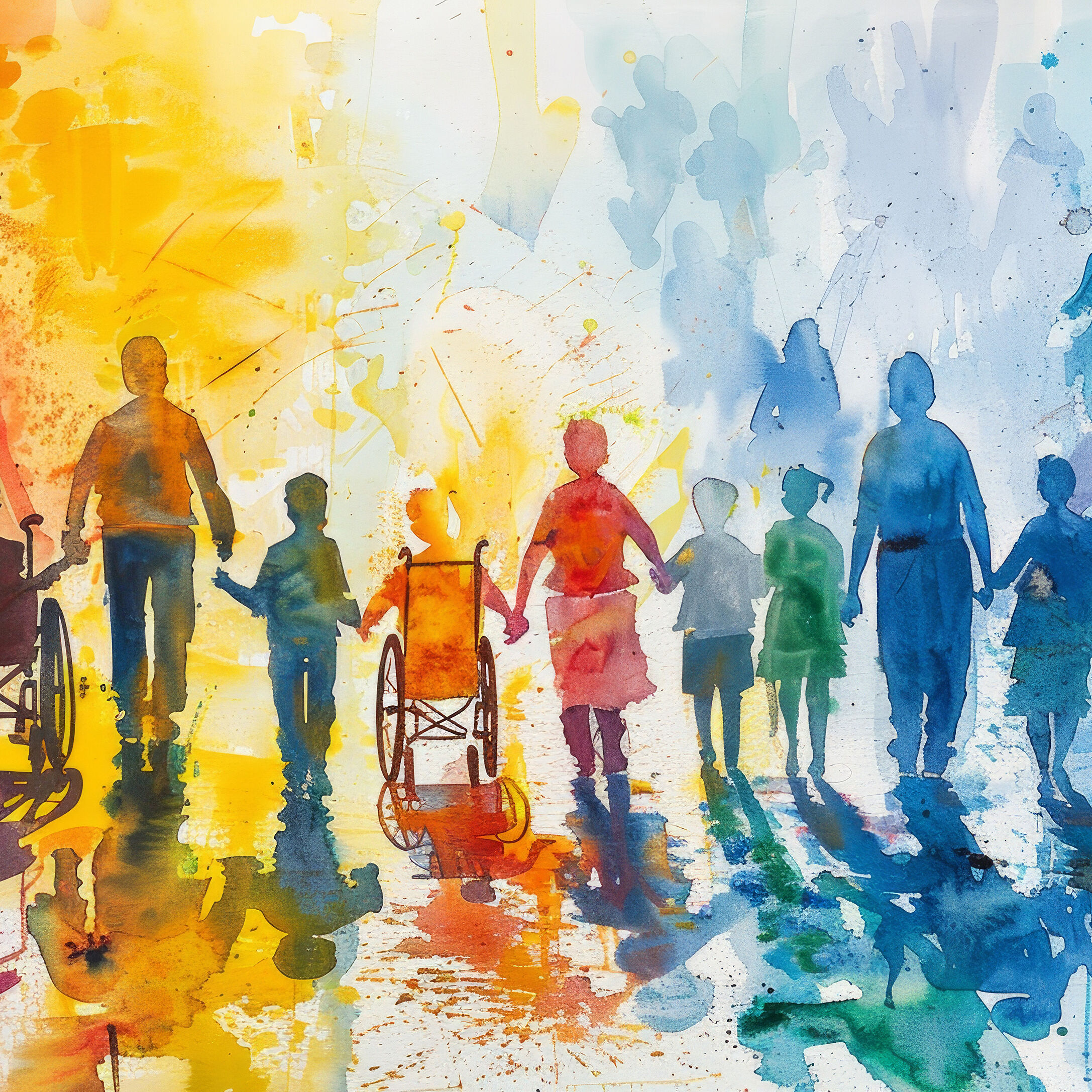 Eine Aquarellzeichnung vom Menschen, die in einer Reihe stehen und sich an den Händen halten.