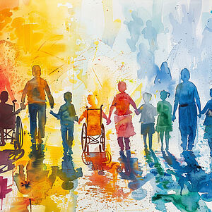 Ein buntes Aquarellbild, auf welchem Menschen zu sehen sind, die sich an den Händen halten