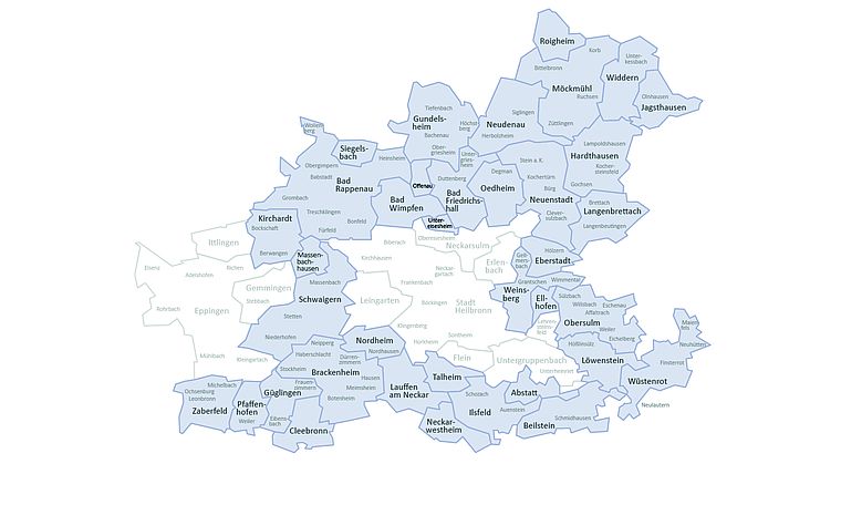 Landkarte vom Landkreis Heilbronn. Die Außenstellen der VHS Unterland sind hervorgehoben. Link zu den Außenstellen der VHS Unterland