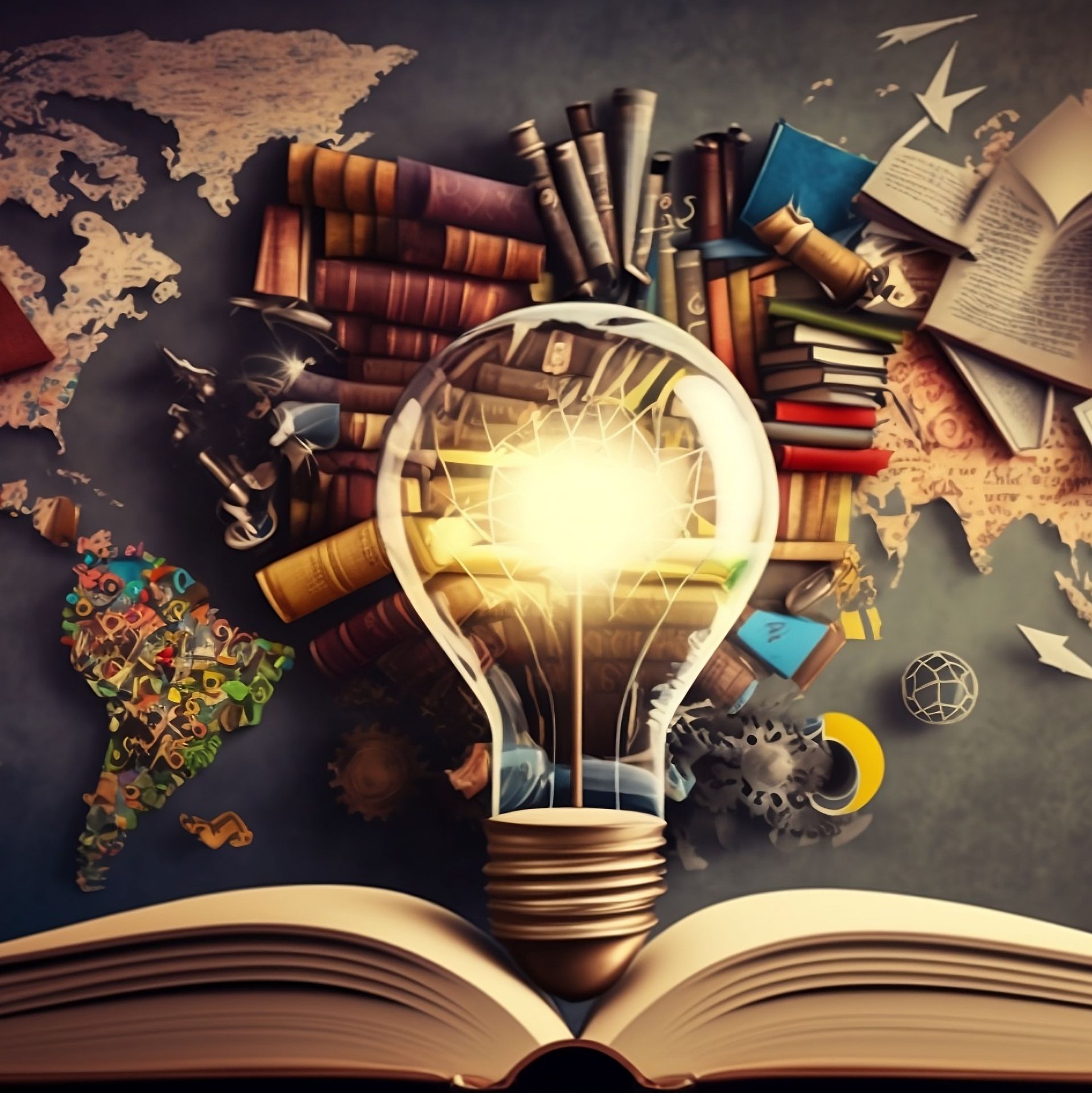 Collage, die Bildung darstellen soll: Weltkarte, Glühbirne, Bücher