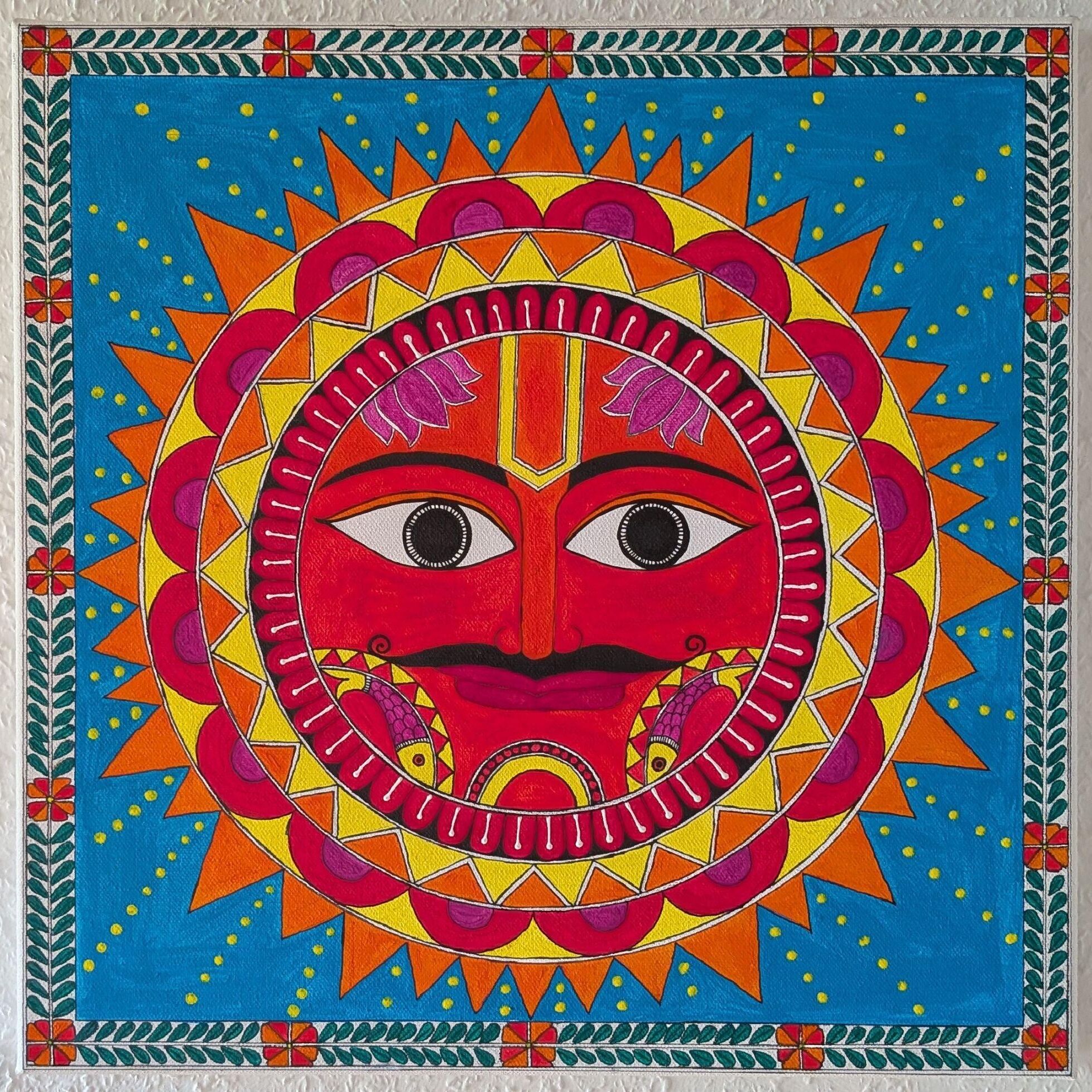 Ein Gemälde der indischen Künstlerin Supriya Savant. Drauf zu sehen ist eine Sonne um Madhubani-Stil.