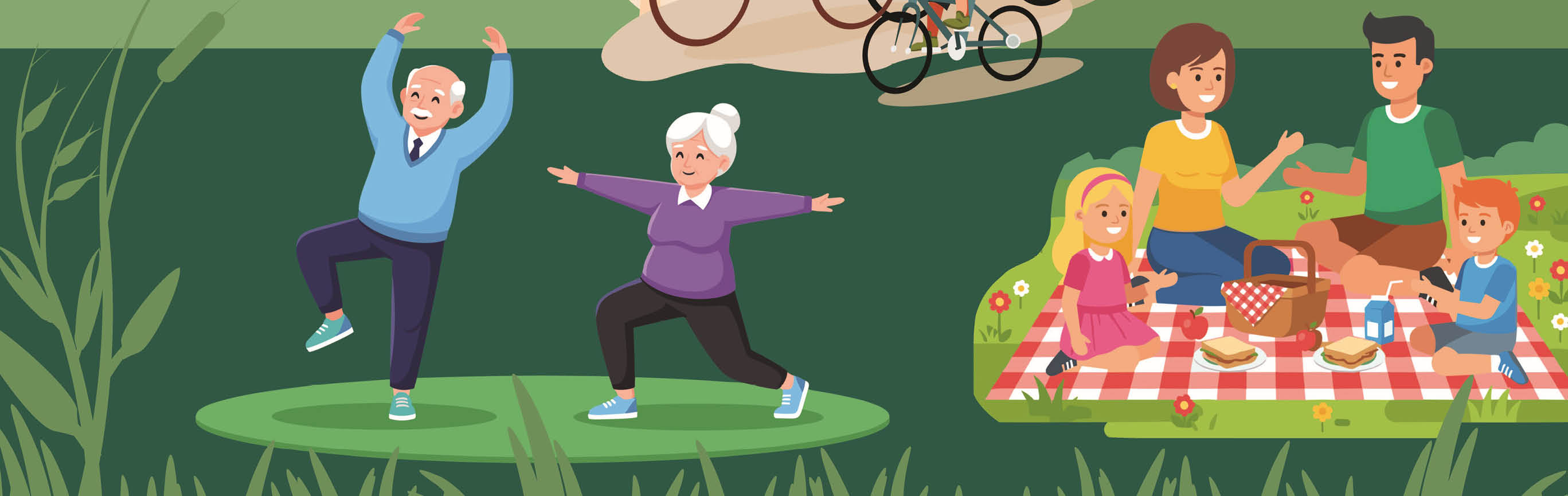 Ein Piktogramm mit unterschiedlichen Gruppen, wie Fahrradfahren, Senior*innen, die Sport treiben oder eine Familie.