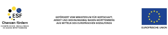 Logos Europäischer Sozialfonds und Europäische Union, gefördert vom Ministerium für Wirtschaft, Arbeit und Wohnungsbau Baden-Württemberg aus Mitteln des europäischen Sozialfonds
